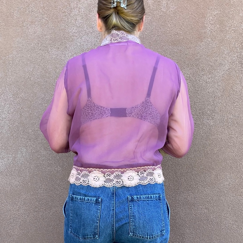 Lorrie Kabala | Vintage Elegant Pink Purple Sheer Lace Long-Sleeve Tunic Blouse - Picture 6 of 13